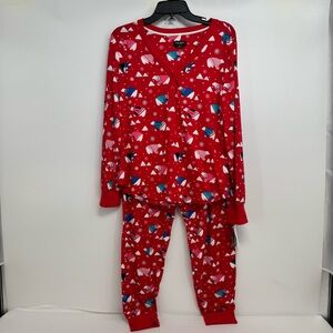 NWT Kate Spade 2 Piece Pajamas Set Size L Red Bear Henley Neck pockets